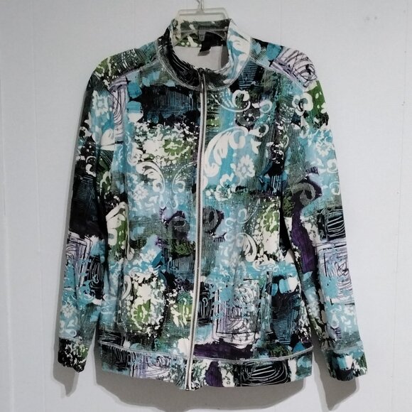 Additions by Chico's Funky Floral Abstract multi-color Zip Light Jacket Size 2 - Picture 6 of 16